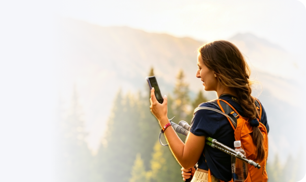 Traveller connecting with her phone outdoors